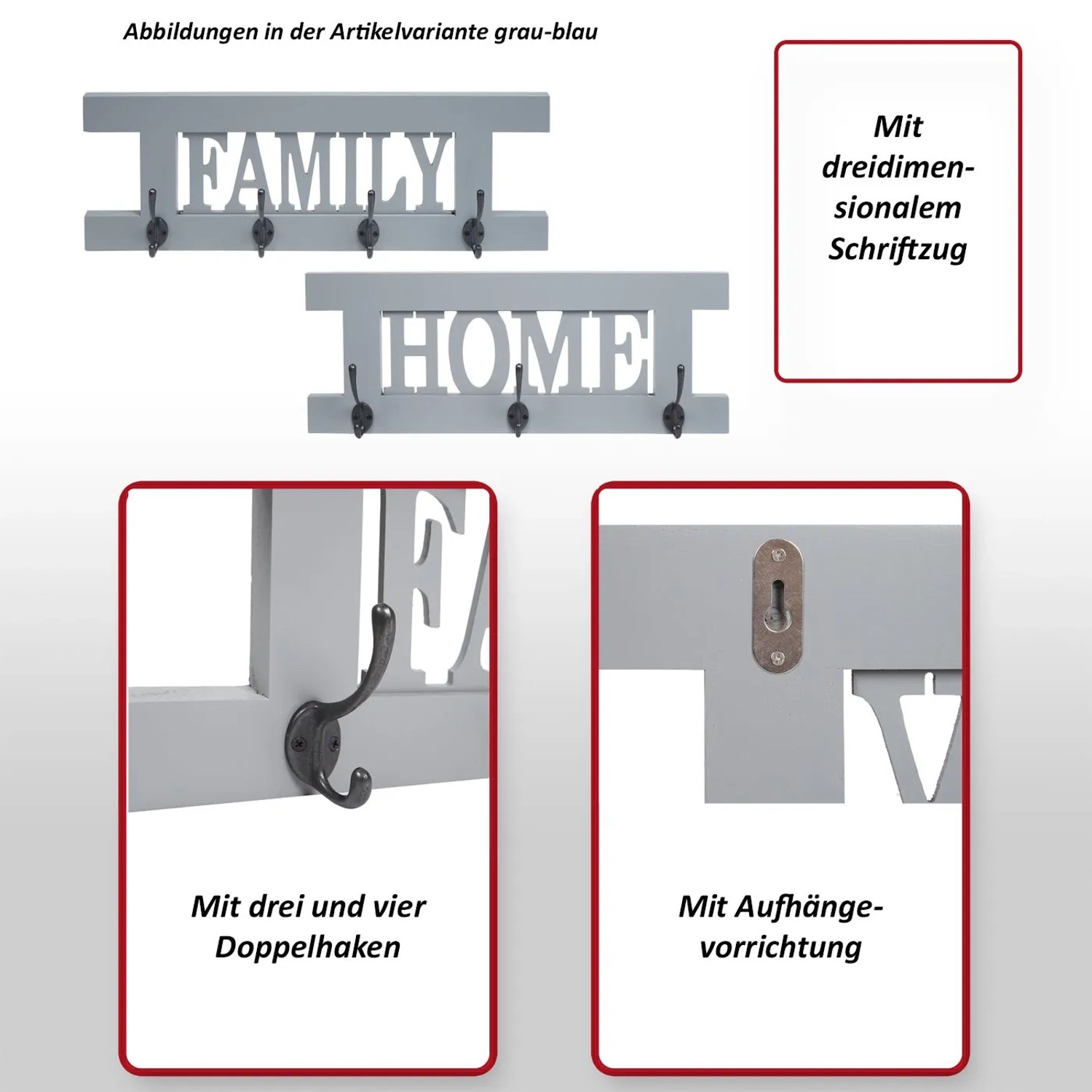 MCW Wandgarderobe C60 Shabby, 2-teilig, dunkelgrau, mit Schriftzug FAMILY und HOME, Haken für Jacken und Mäntel.
