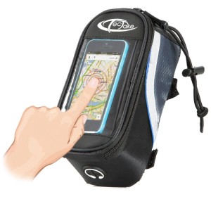 Tectake Fahrradtasche mit Handyfach zur Rahmenbefestigung, bedienbar durch Folie.