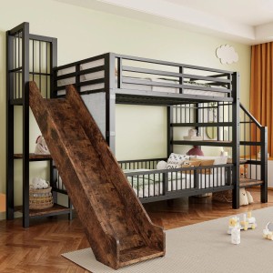 Schwarzes Metall-Hochbett mit Rutsche und Stauraumtreppe für Kinder. Ideal für spielerische Kinderzimmer.