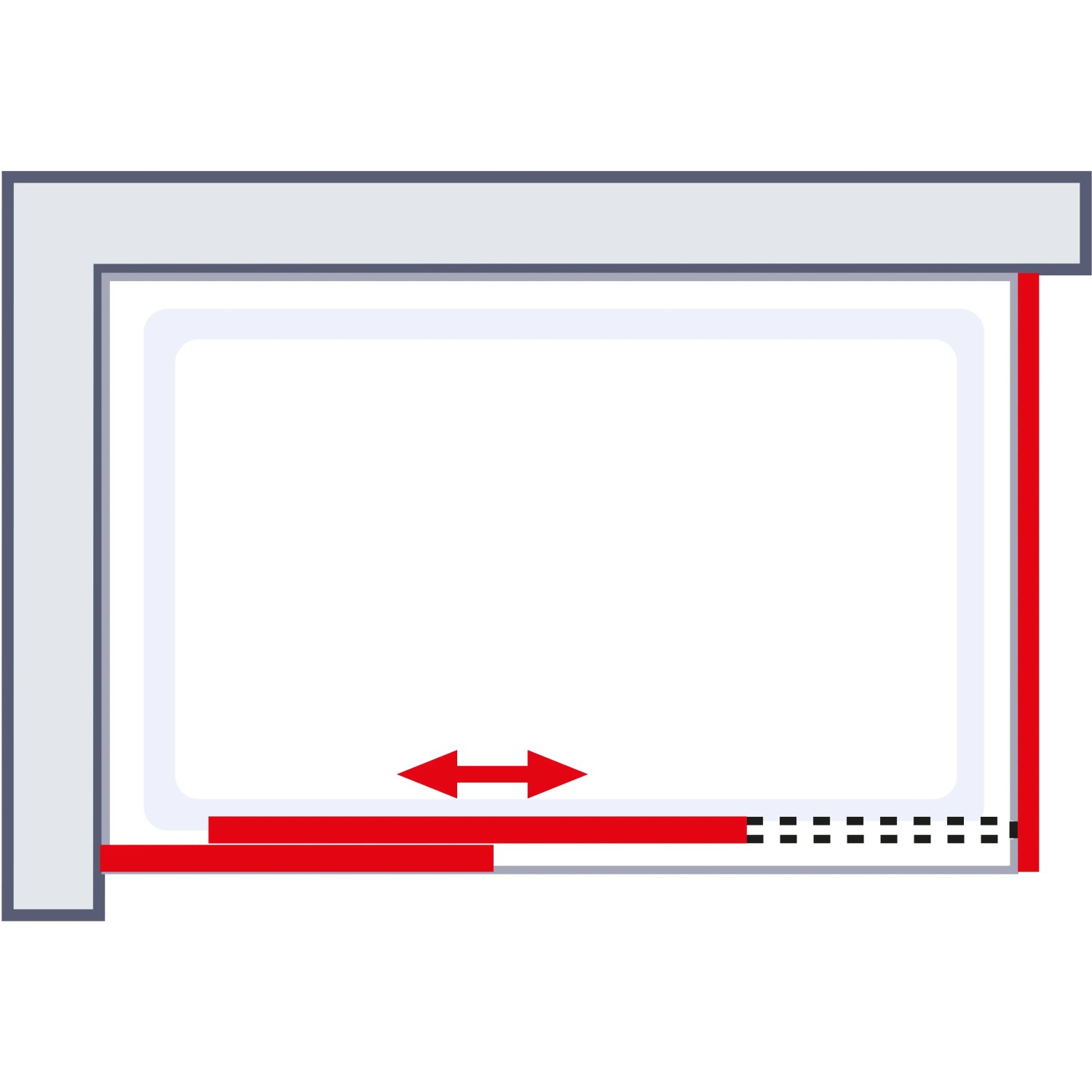 Skizze einer Schulte ExpressPlus Gleittür MasterClass links, Chromoptik, mit Seitenwand.