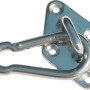 Detailaufnahme: Stahl-Karabinerhaken und Montageplatte für Sonnensegel-Mast, verzinkt.