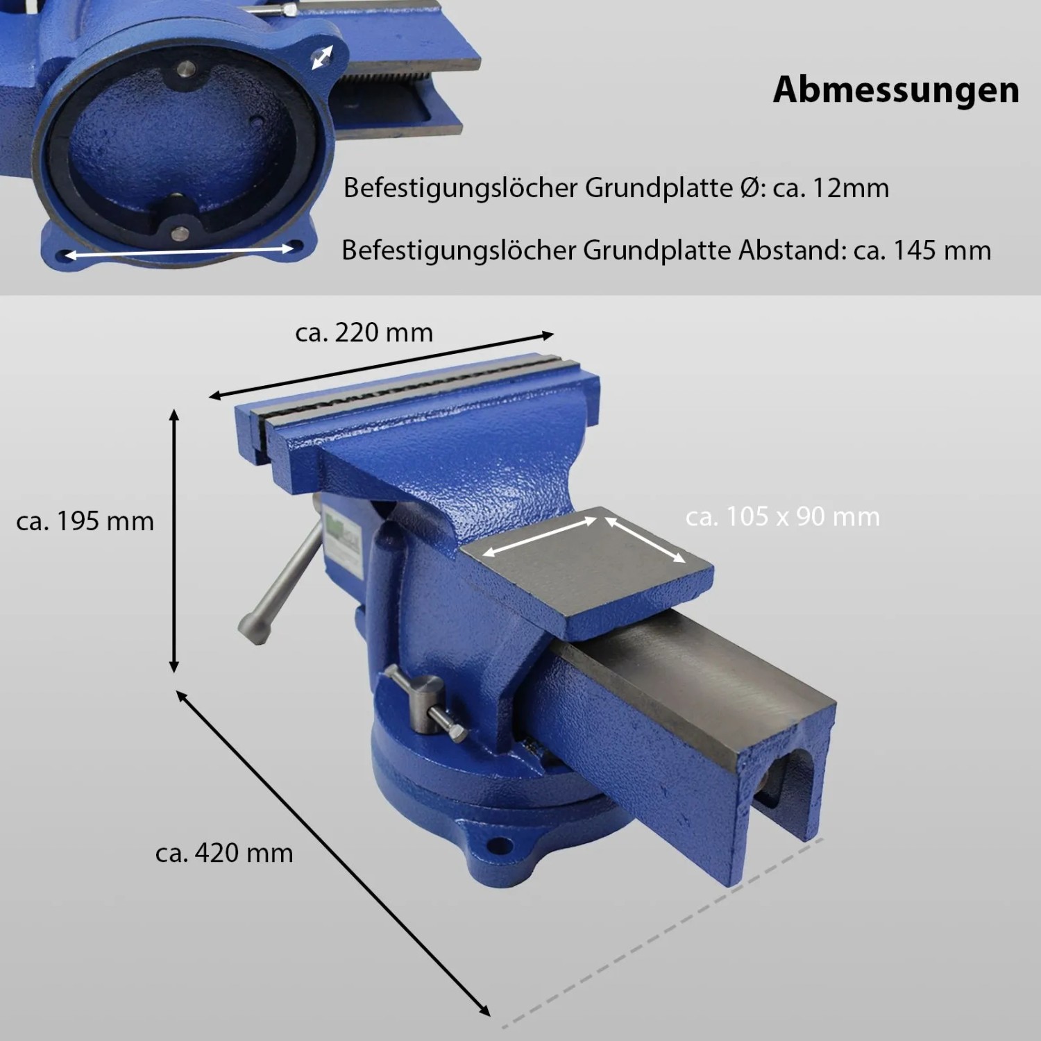 Blauer TRUTZHOLM Schraubstock 200mm mit Amboss und 360° Drehfunktion, Maße sind eingezeichnet.