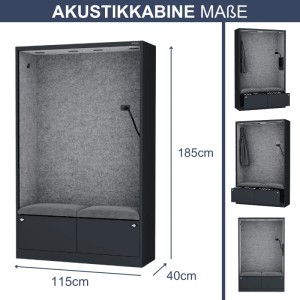 DELUKE Akustikkabine mit Schalldämmung TAGO 185x115x40cm Anthrazit-Grau Telefonkabine Meetingbox Telefonbox Akustikbox Bürokabine