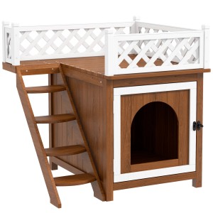 PawHut Katzenhaus aus Tannenholz mit Balkon, braun, zweistöckig.