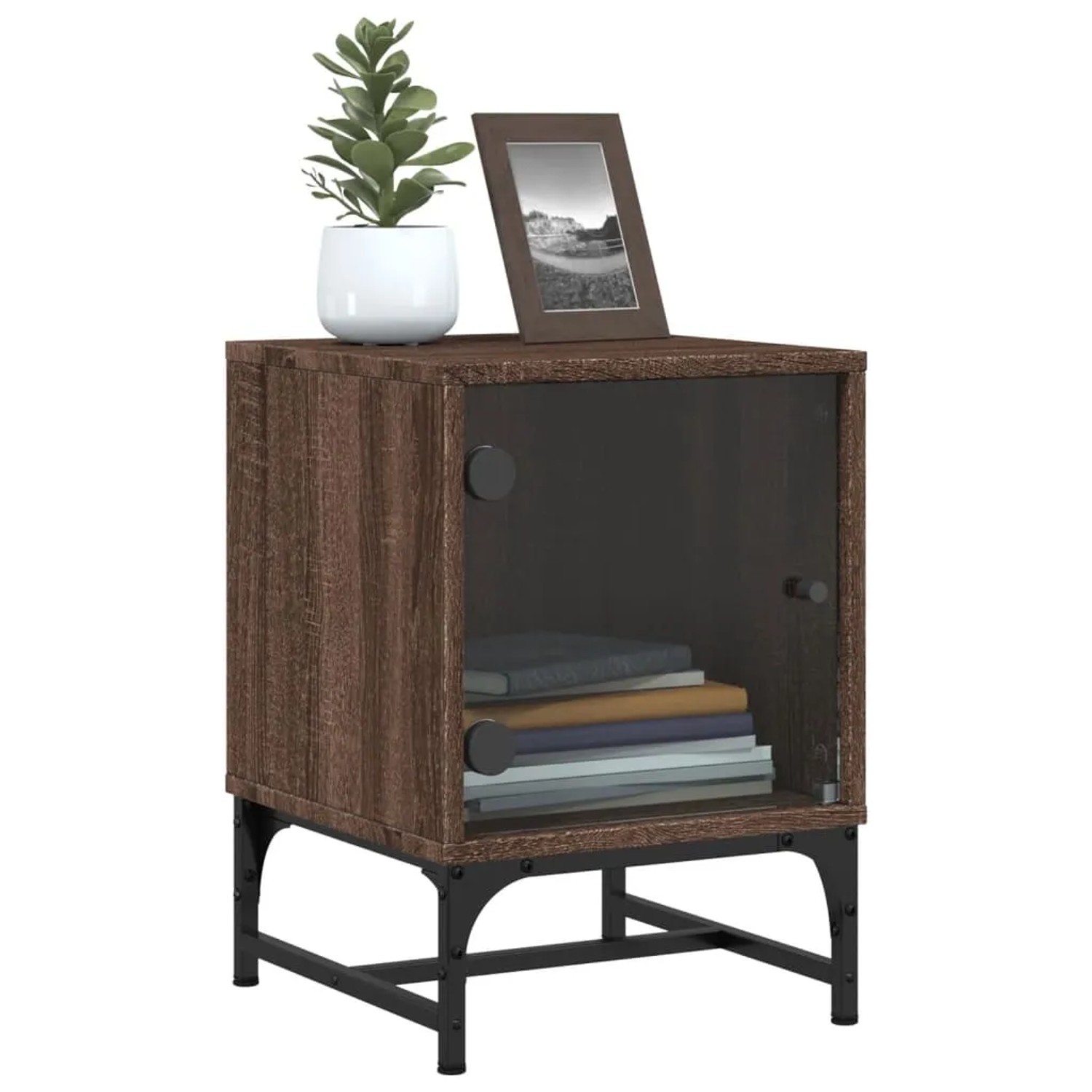 Nachttisch-Set in Braun Eichen-Optik mit Glastüren, 35x37x50 cm. Ideal für Schlafzimmer.