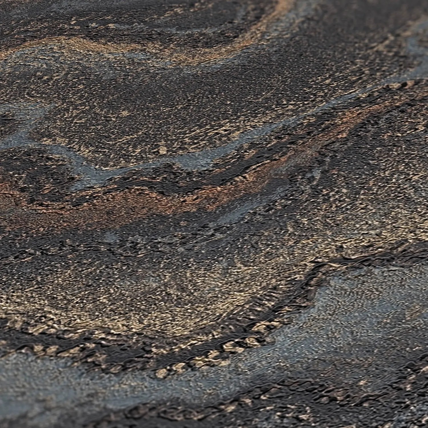 Detailansicht der schwarzen PROFHOME Vliestapete in Marmoroptik mit Metallic-Gold Akzenten.