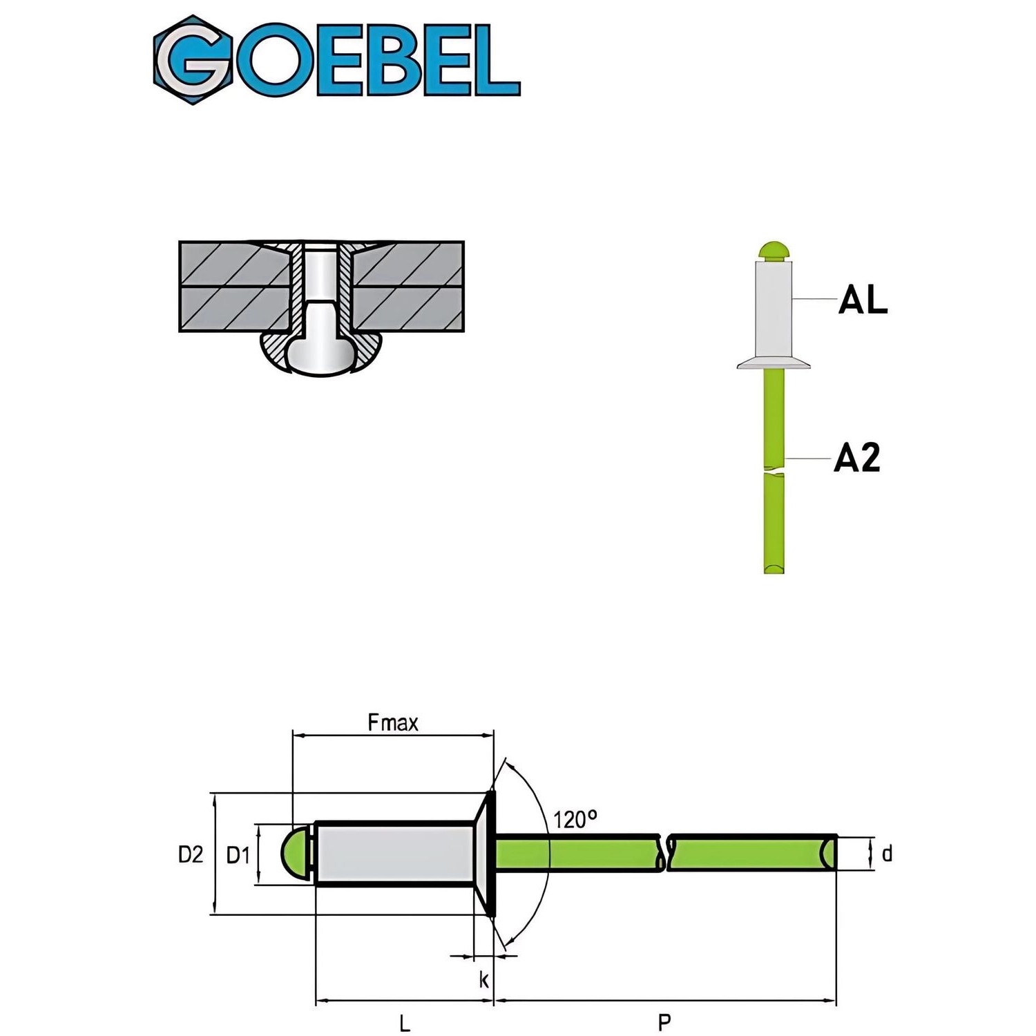 Technische Zeichnung: GOEBEL 500 Senkkopfniete, Aluminium/Edelstahl A2, 4,8x8,0 mm, Blindniete.