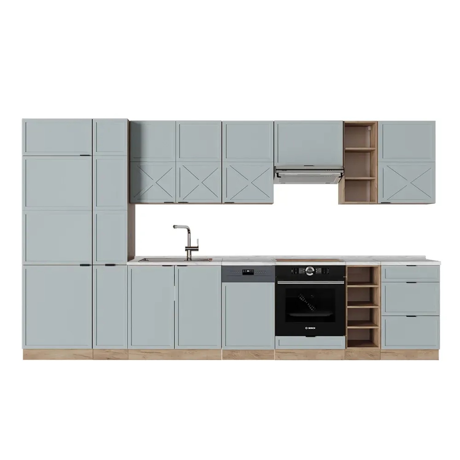 Vicco Fame-Line Küchenzeile Hellblau-grau/Goldkraft Eiche 355 cm AP Marmor ohne E-Geräte