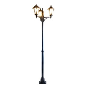 Schwarze 3-flammige Dapo Außen Stehleuchte Kingston Kandelaber aus Aluminium mit klarem Glas.