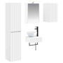 Weißes 5-tlg. vidaXL Badmöbel-Set aus Ingenieurholz mit geriffelten Fronten, wandmontiert. Enthält Hochschrank, Waschtisch, Spiegelschrank mit LED.