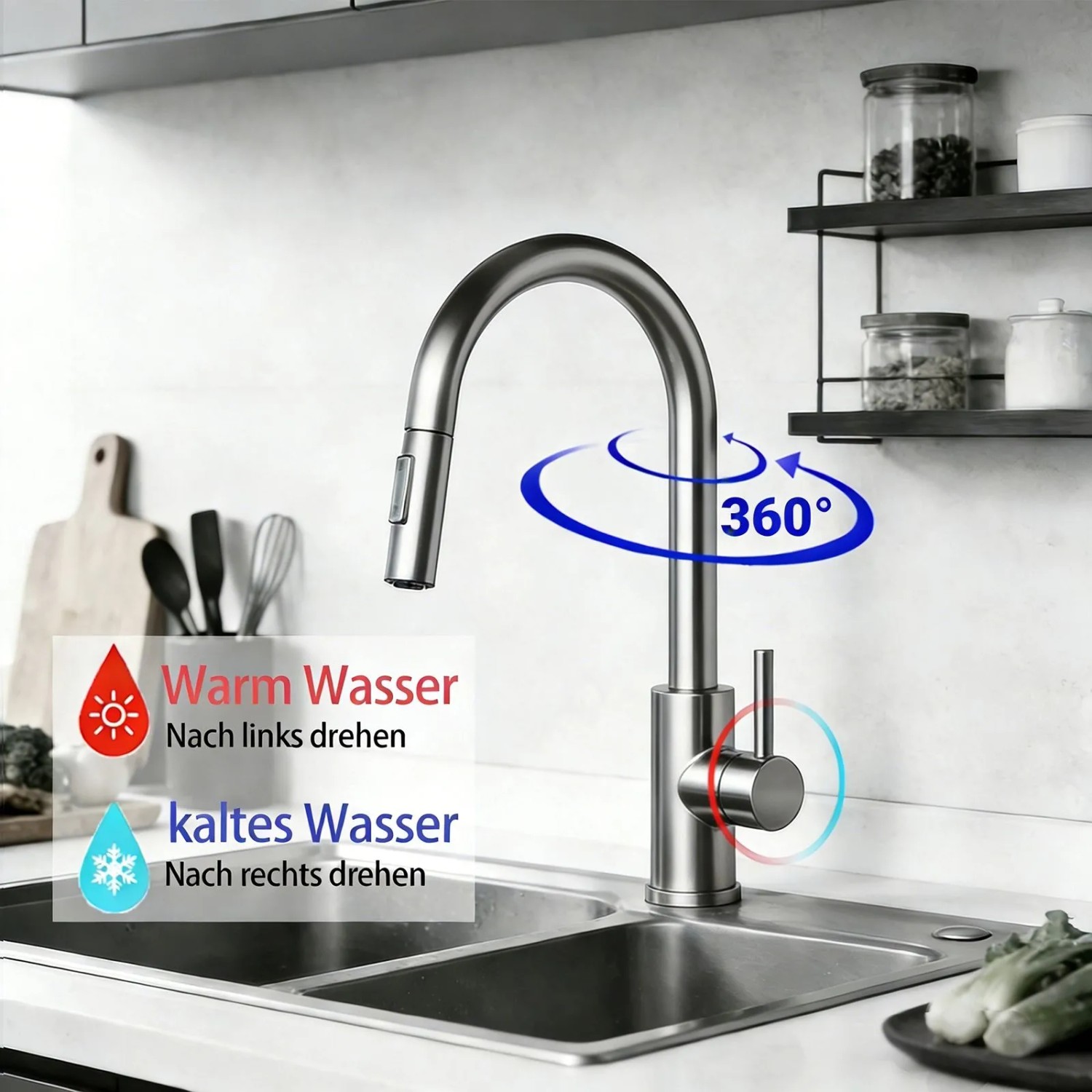 Gebürstete AICA Spültischarmatur mit ausziehbarer Säulenbrause und 360° Drehung.