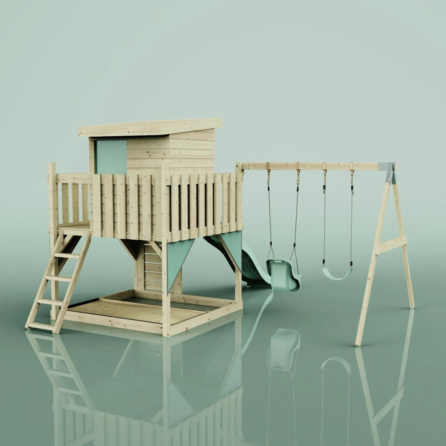 PolarPlay Spielturm Björn mit Babyschaukel, mintgrün, mit Rutsche und Leiter.