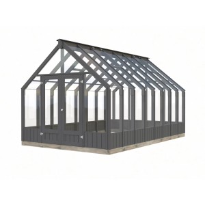 Dunkelgraues Palmako Holz-Gartenhaus mit Satteldach, 300x483 cm, 13,8 m² Grundfläche.