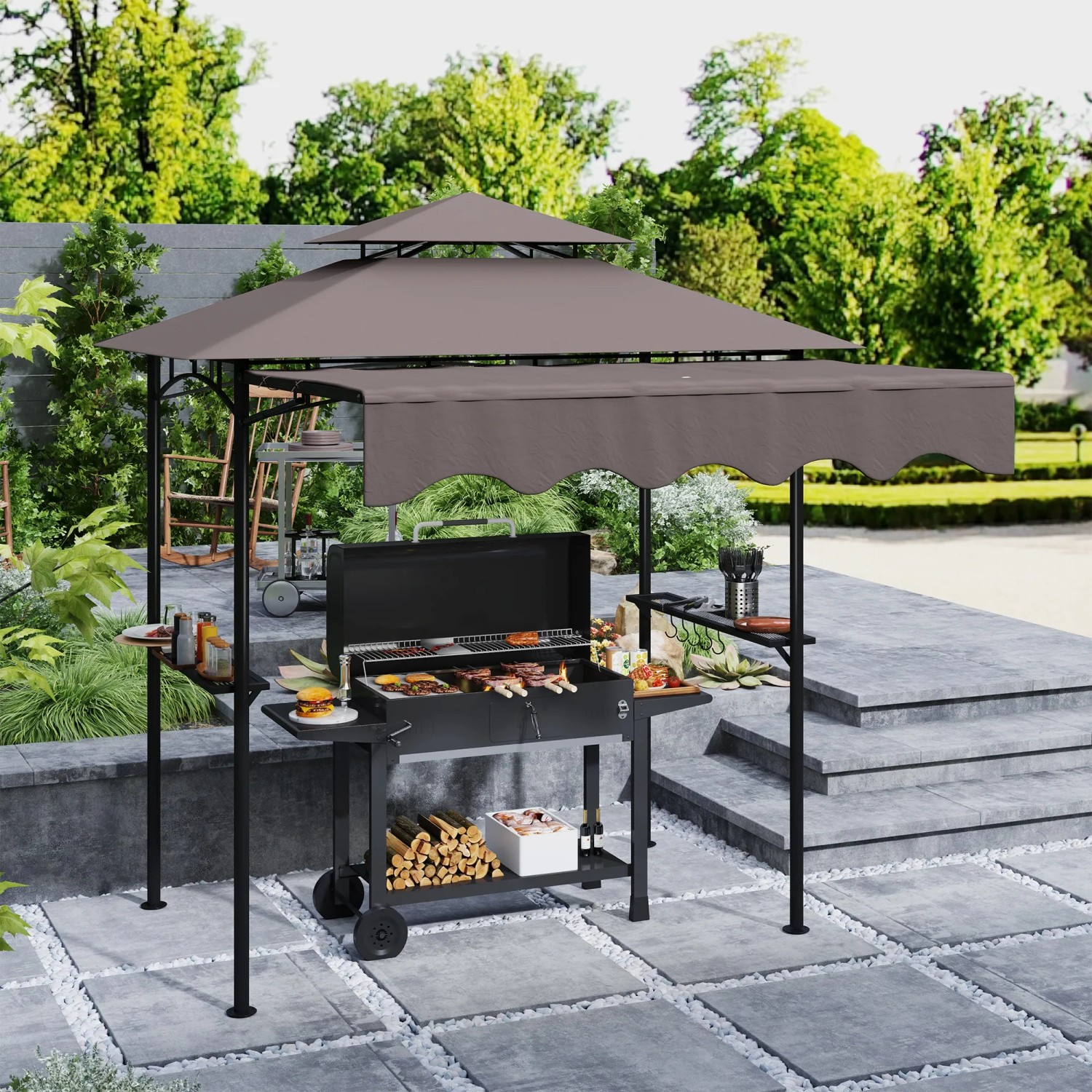 Outsunny Grillpavillon in Kaffee mit Metallgestell und Polyesterdach für entspanntes Grillen.