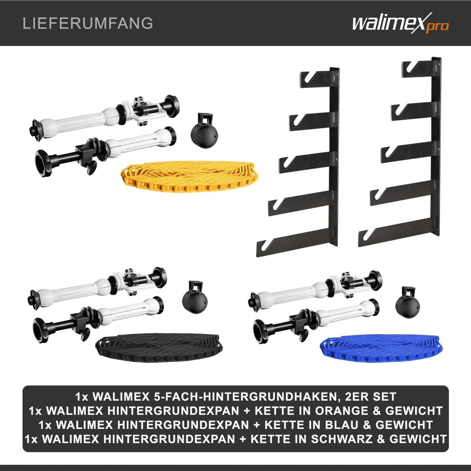 Walimex 3-fach Hintergrund Wandmontageset mit 3 Expanen, farbigen Ketten, Gewichten und Haken für Fotostudio.