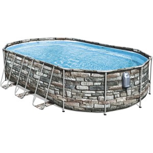 Ovaler Power Steel Frame Pool in Steinoptik mit Leiter und Filterpumpe.