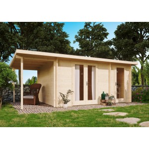 Graues Fjordholz Gartenhaus Carin 44 C +SD mit Schleppdach und Doppeltür.