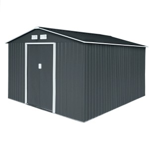 Hattoro S300 Metall Gerätehaus, 12,5 m³, Satteldach, Dunkelgrau. Gartenhaus aus Stahl mit Schiebetür.