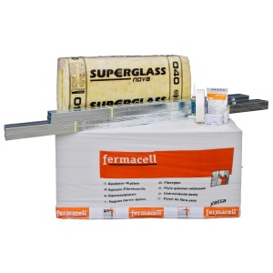 Trennwand Komplettpaket mit Gipsfaserplatten (12,5 mm): Platten, Profile, Dämmung und Zubehör.