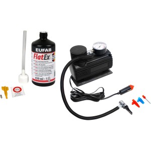 Eufab Reifenpannenset mit Kompressor, Reifendichtmittel und Zubehör für schnelle Hilfe bei Reifenpannen.