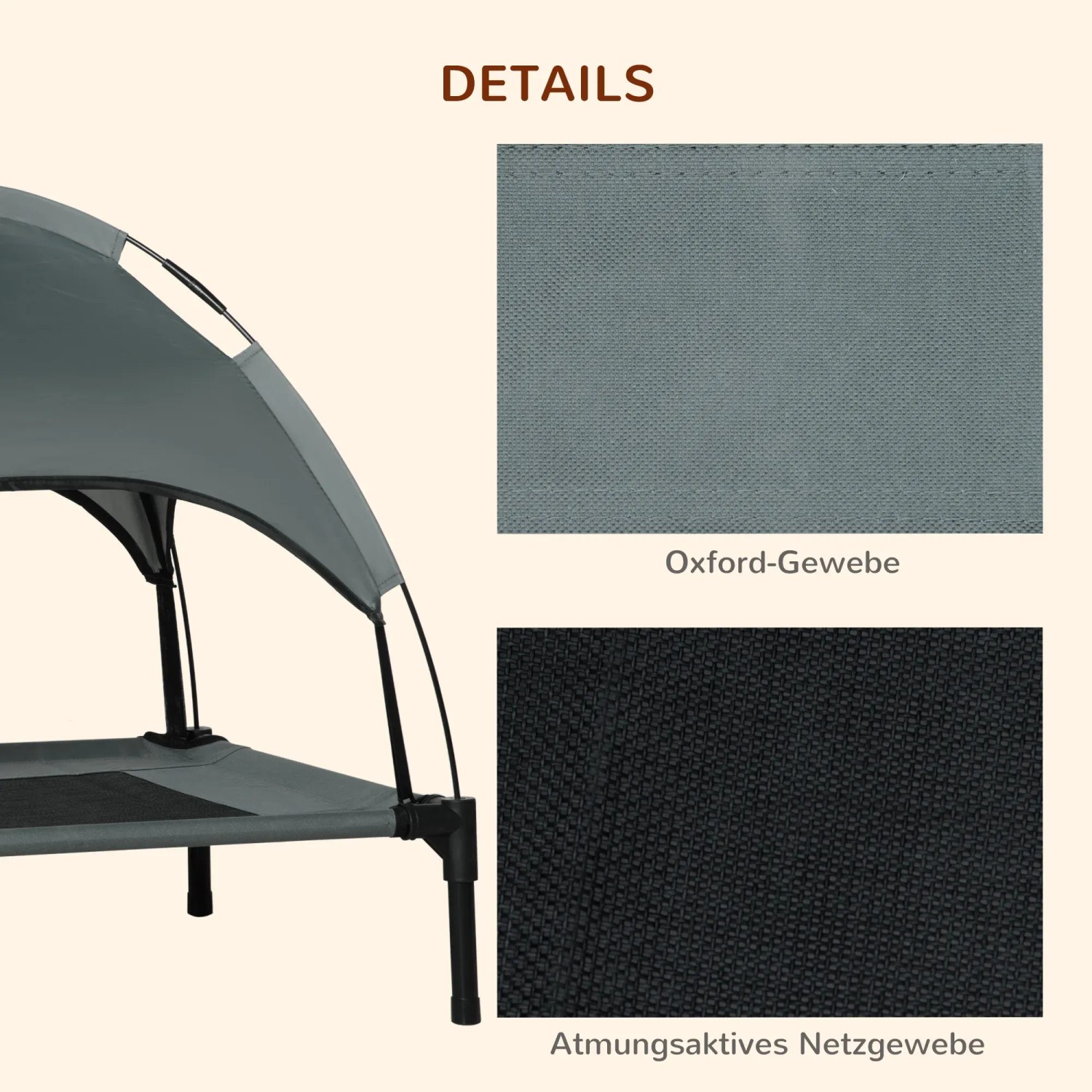 Detailansicht: PawHut Hundebett mit Baldachin, atmungsaktives Netz und Oxford-Gewebe.