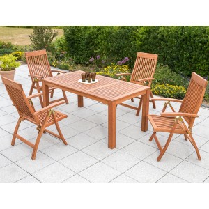 5-teilige Gartenmöbelgruppe Comodoro aus Eukalyptusholz mit Klappsesseln und Tisch.