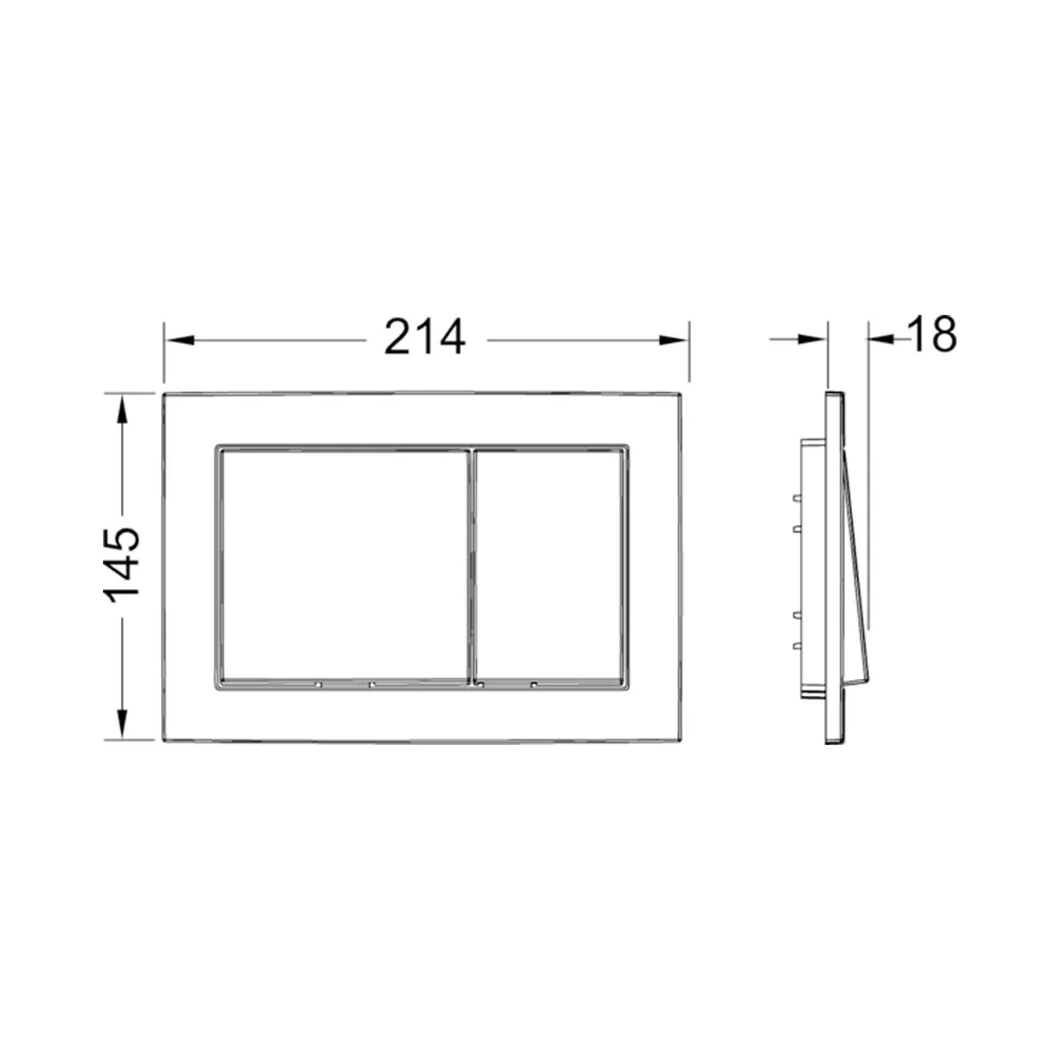 Weiße, rechteckige TECEbase WC-Betätigungsplatte mit zwei Spültasten. Maße: 214x145x18 mm. Teil des WC-Sets.