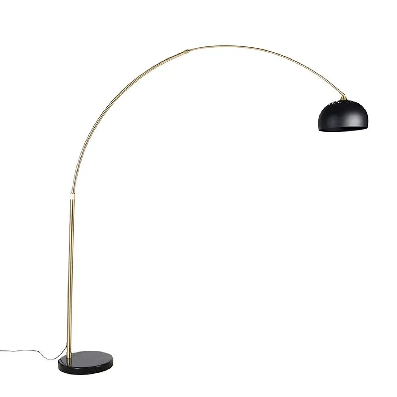 Moderne Bogenleuchte in Messing mit schwarzem Schirm und Marmorfuß, XXL-Design für Innenräume.