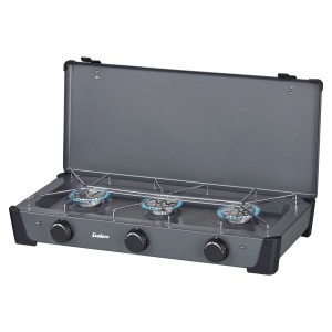 Enders Campingkocher Bondy 3 mit drei Brennern und geöffnetem Deckel. Ideal für Camping & Outdoor.