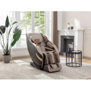 Beiger Vente-unique Mowata Massagesessel aus Kunstleder im Wohnzimmer. Komfortabler Relaxsessel mit Zero-Gravity-Funktion.
