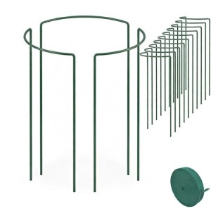 Grünes 10er Set Metall-Strauchstützen mit Klettband für Sträucher, Stauden und Rosen im Garten.