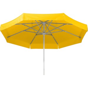 Gelber Schneider Marktschirm Jumbo, Ø 400 cm, mit Seilzugmechanik, von unten fotografiert.