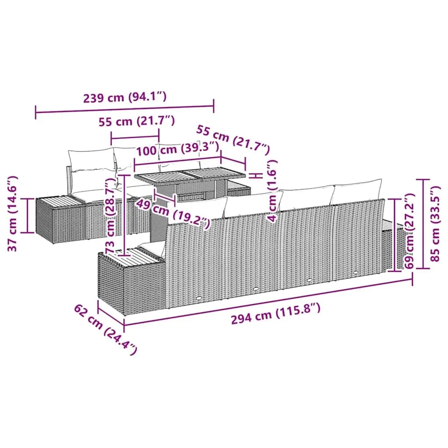 vidaXL Garten-Sofa-Set, 8-teilig, beige Poly Rattan, mit Maßangaben für Sofa, Tisch und Hocker.