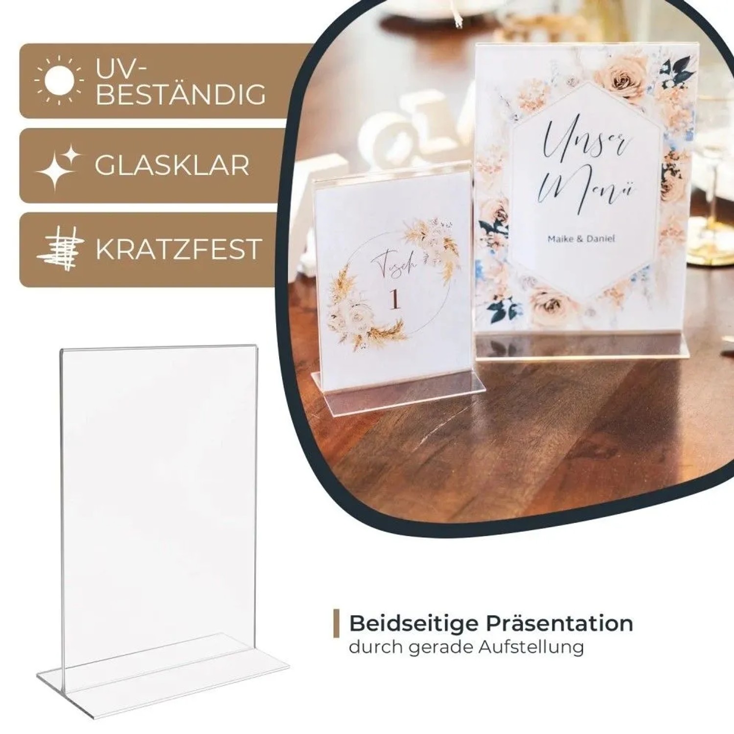 Glasklarer Acryl Tischaufsteller DIN A4 Hochformat. Stabiler T-Ständer für beidseitige Präsentation von Infos, Menüs.
