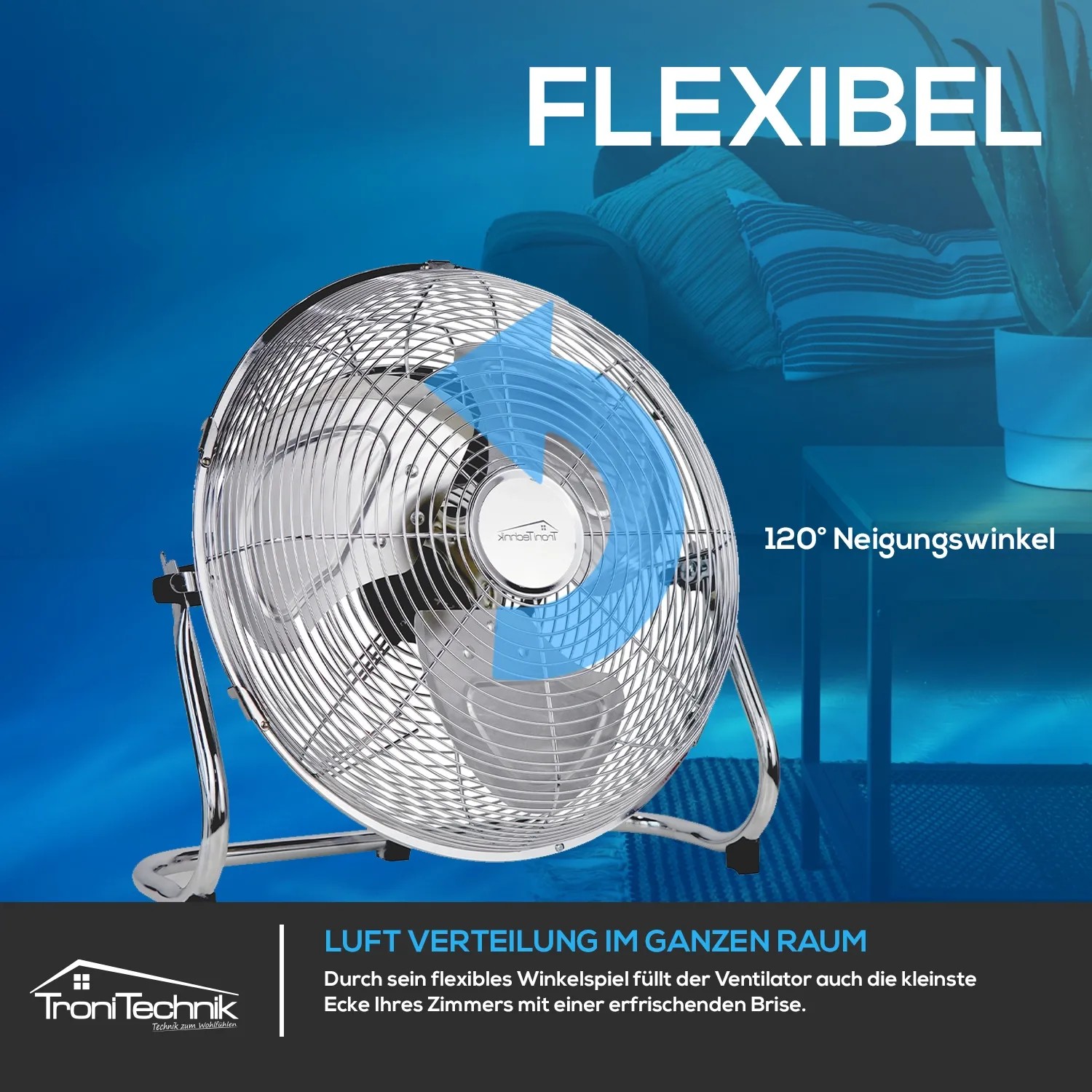 TroniTechnik Bodenventilator Windmaschine, 70W, ⌀35cm, silberfarben, mit drei Geschwindigkeitsstufen.