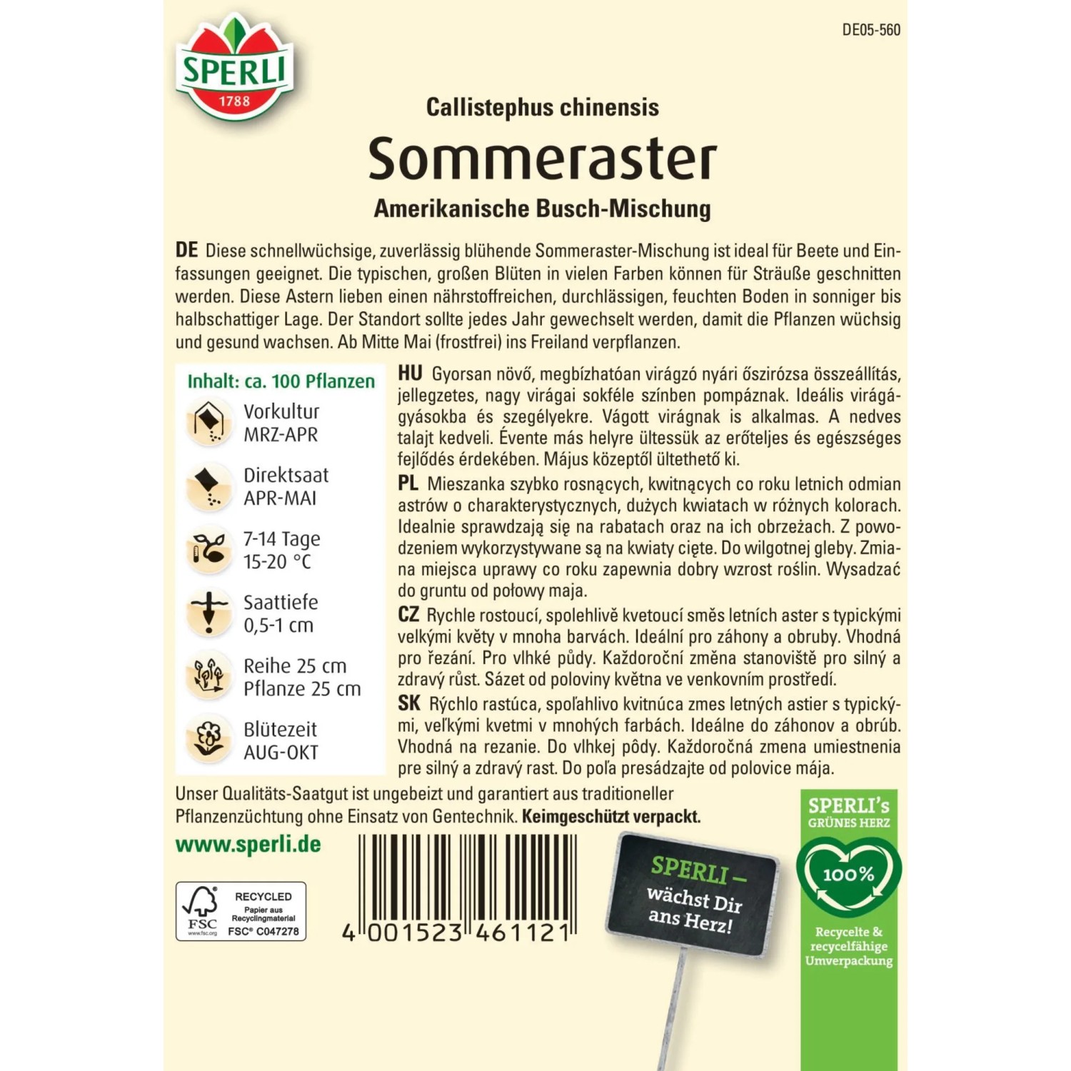 Samenpackung Sommeraster Amerikanische Busch-Mischung von Sperli mit bunten Blüten.