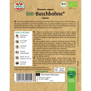 Samenpackung Sperli Bio Buschbohne. Ertragreiche, widerstandsfähige Sorte mit feinen, fadenlosen Hülsen.