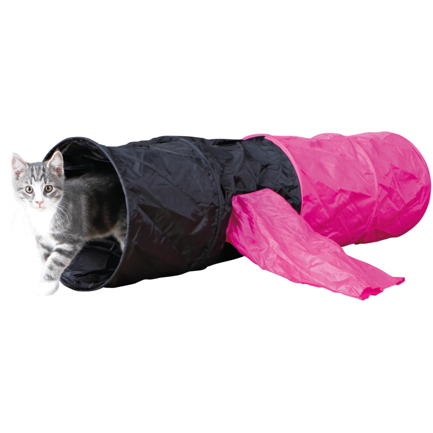 Trixie Katzentunnel aus Polyester, schwarz-pink, mit Katze und vier Eingängen.