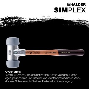 Halder Simplex Schonhammer mit grauem TPE-Einsatz, 50/40mm, Aluminiumgehäuse und Holzstiel.