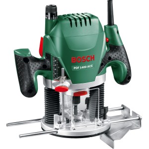 Bosch Oberfräse 1400 ACE: Leistungsstarke Fräse mit grünem Gehäuse und Zubehör.