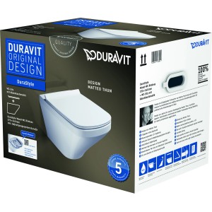 Verpackung des Duravit Wand-WC-Sets DuraStyle, Tiefspüler in Weiß mit spülrandlosem Design.