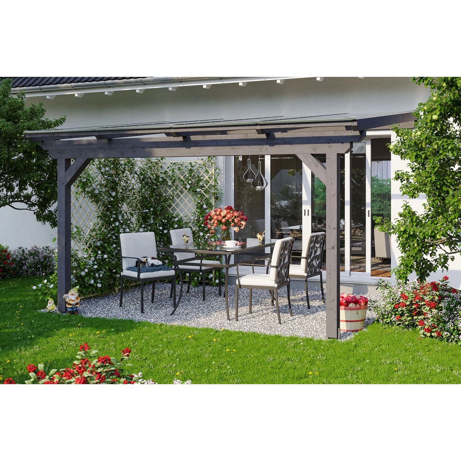 Skan Holz Terrassenüberdachung Ancona 434 x 400 cm Leimholz Schiefergrau