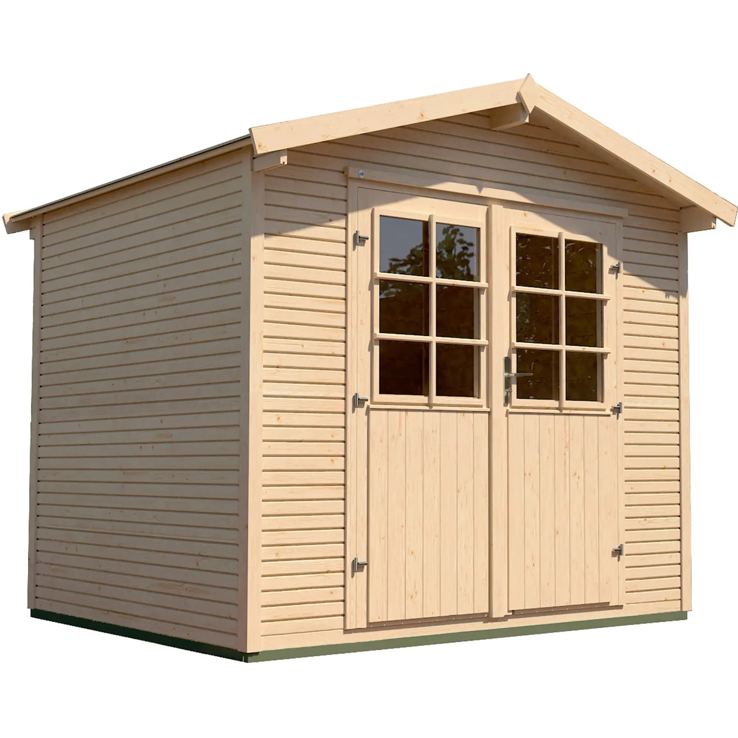 Naturbelassenes weka Gartenhaus 218 aus Holz mit Satteldach und Doppeltür.