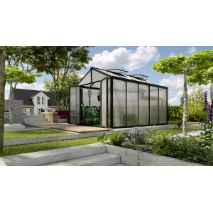 Vitavia Gewächshaus Zeus Comfort 10000, schwarzer Rahmen, 10 m², mit geöffneter Doppeltür im Garten.