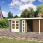Terragraues Karibu Holz-Gartenhaus Sölve mit Flachdach und Anbau, lackiert, 298x242 cm.