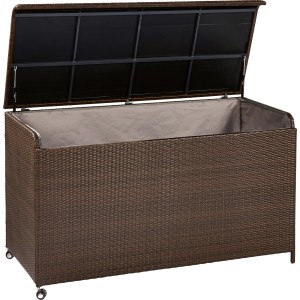 Geöffnete, braune Kissenbox Davenport XXL aus Polyrattan mit Rollen und Innenverkleidung.