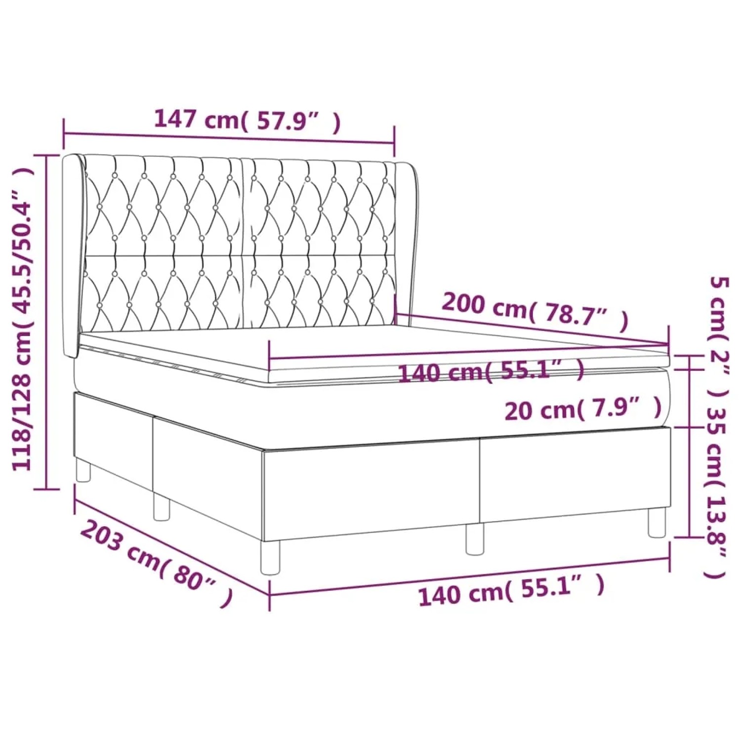 vidaXL Boxspringbett dunkelbraun (140x200 cm) mit Maßangaben.