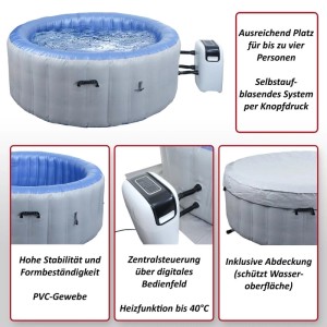 Aufblasbarer, grau-weißer Whirlpool für 4 Personen mit Heizung und digitalem Bedienfeld.