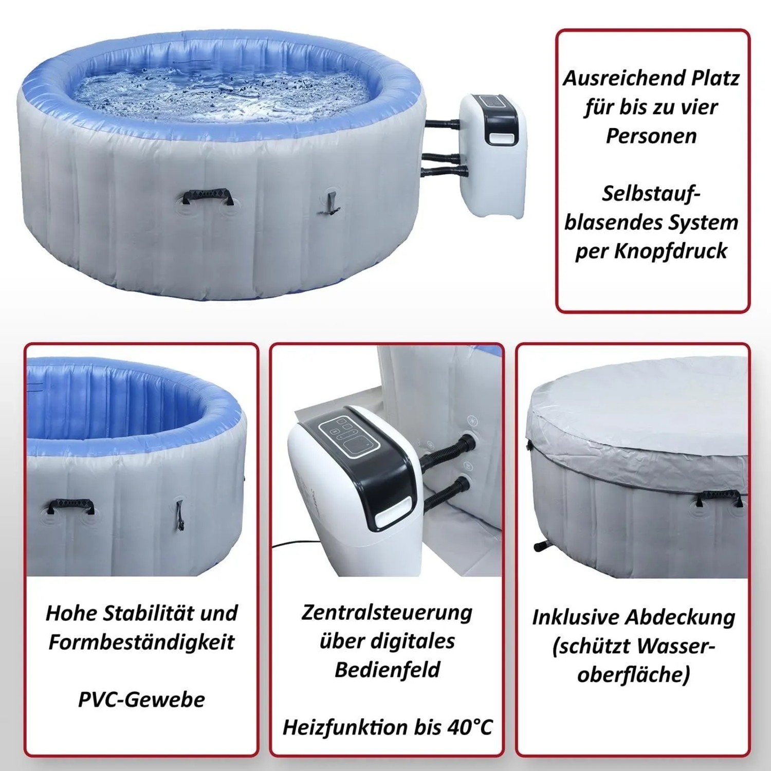 Aufblasbarer, grau-weißer Whirlpool für 4 Personen mit Heizung und digitalem Bedienfeld.