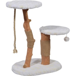 Weißer Dobar Kratzbaum Holly mit Naturstämmen und Juteseil, 82x60x40cm, mit Liegeflächen und Spielzeug.